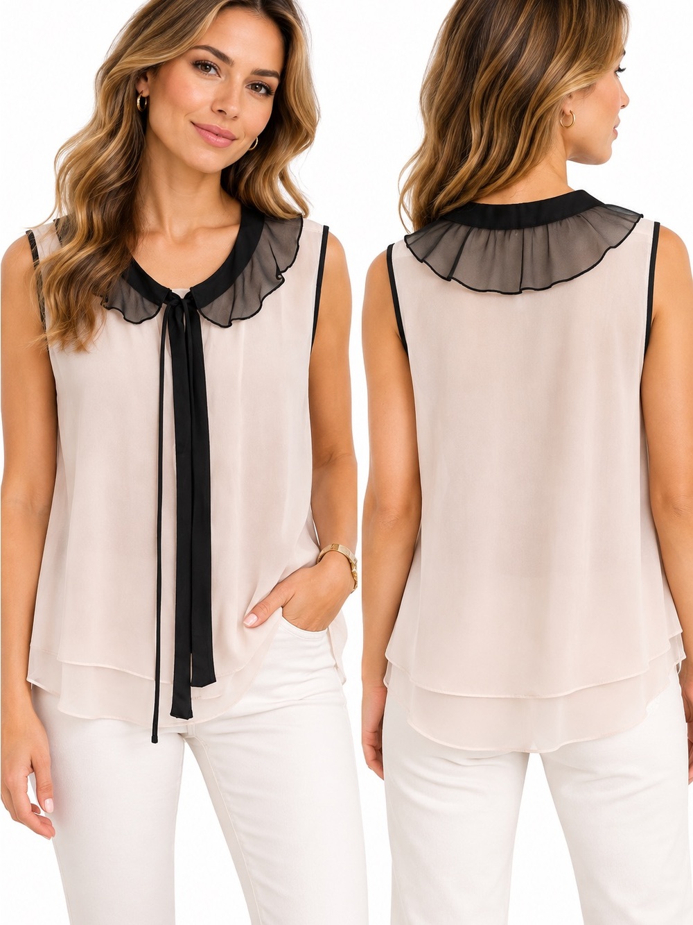 Eva Franco Cream Sleeveless Chiffon Camisole with Black Ruffle Collar and Tie